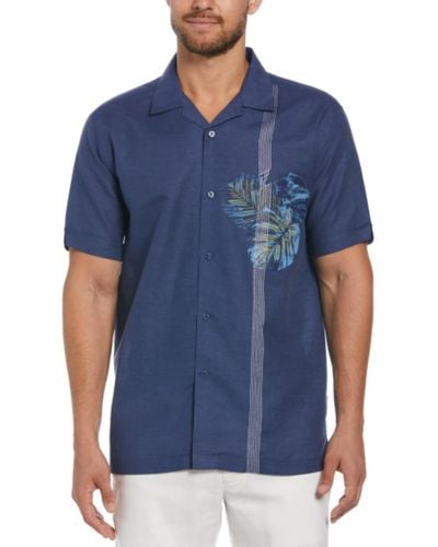 Cubavera Linen Blend Tropical Print Short-sleeve Button-front Camp Shirt - Blue