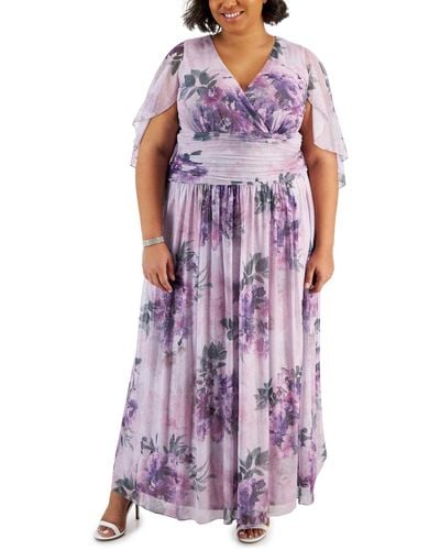 Sl Fashions Plus Size Printed Glitter Cape-overlay Dress - Purple