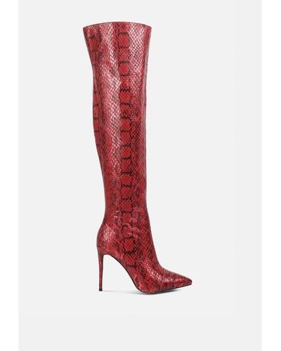 LONDON RAG Catalina Snake Print Stiletto Knee Boots - Red