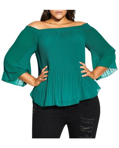 City Chic Plus Size Pleated Off Shoulder Top - Green
