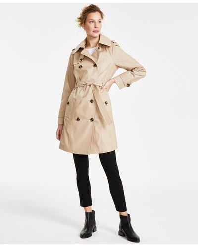 London Fog Petite Hooded Double-breasted Trench Coat - Natural