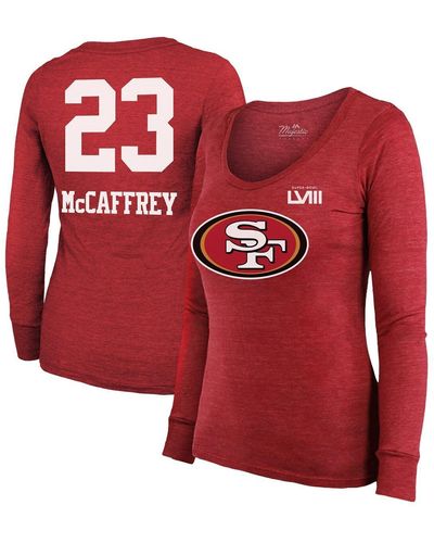 Majestic Threads Christian Mccaffrey San Francisco 49ers Super Bowl Lviii Scoop Name And Number Tri-blend Long Sleeve T-shirt - Red