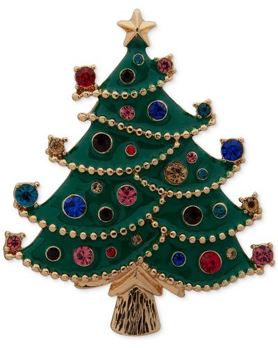 Anne Klein Gold-tone Multicolor Crystal Xmas Tree Pin - Green