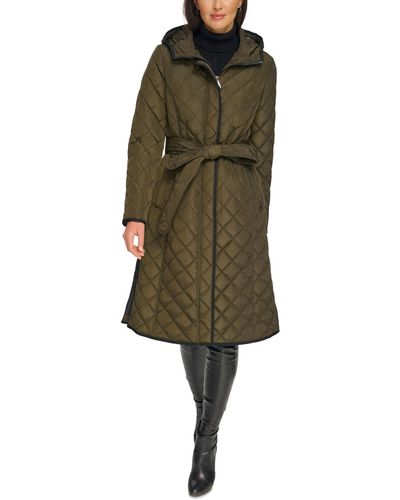 DKNY Petite Hooded Belted Quilted Coat - Green