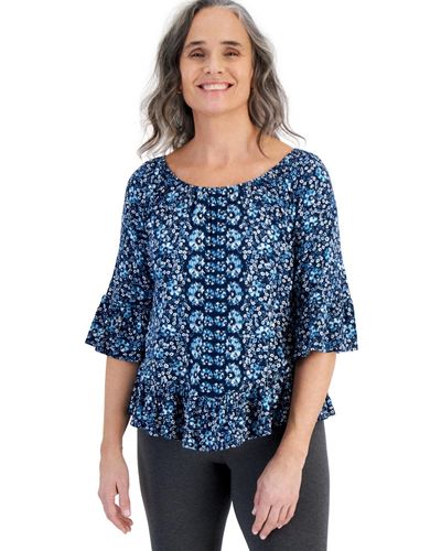 Style & Co. Printed On-off Ruffle Sleeve Top - Blue