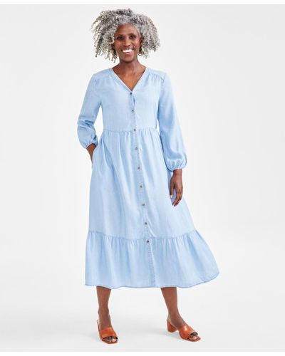 Style & Co. Chambray Tiered Midi Dress - Blue