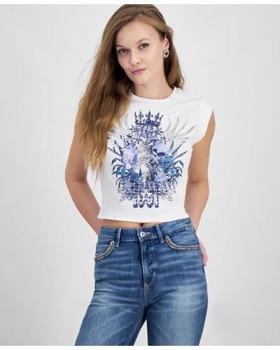 Guess Smocked Embellished Graphic Tank Top - Blue