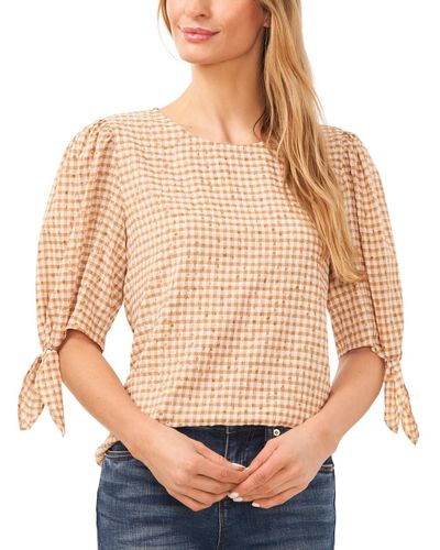 Cece Gingham 3/4 Tie-sleeve Crew Neck Blouse - Natural