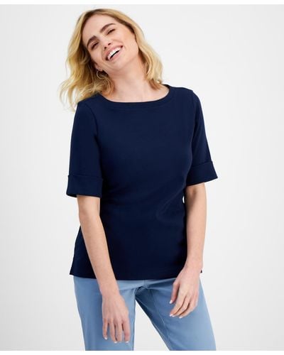 Style & Co. Petite Cotton Elbow-sleeve Boat-neck Top - Blue