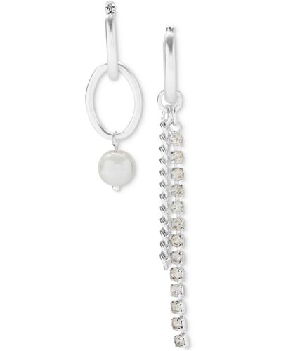 Lucky Brand Tone Crystal Chain & Imitation Pearl Charm Mismatch Hoop Earrings - White