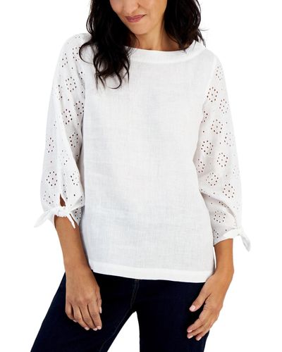 Charter Club Petite 100% Linen 3/4-sleeve Solid Linen Top - White