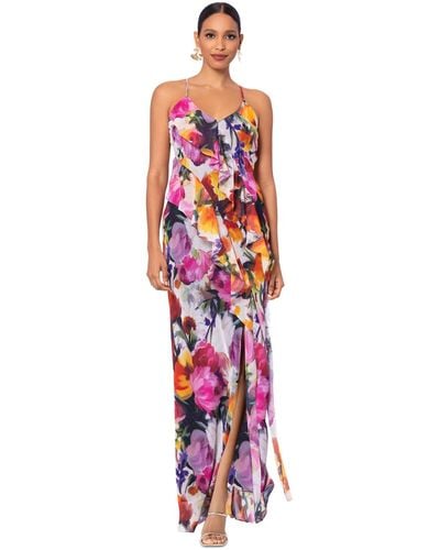 Betsy & Adam Petite Floral Ruffle-front Long Dress - White