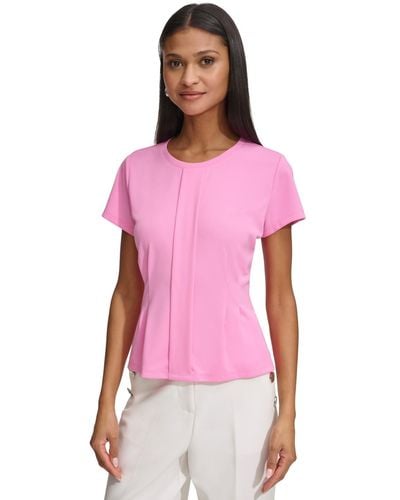 Karl Lagerfeld Short Sleeve Pleat Front Knit Top - Pink