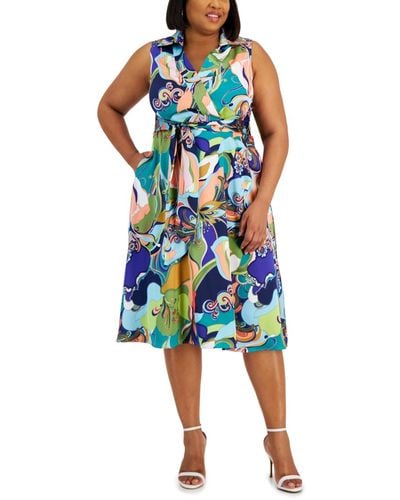 Tahari Plus Size Printed Sleeveless Tie-waist Satin Dress - Blue