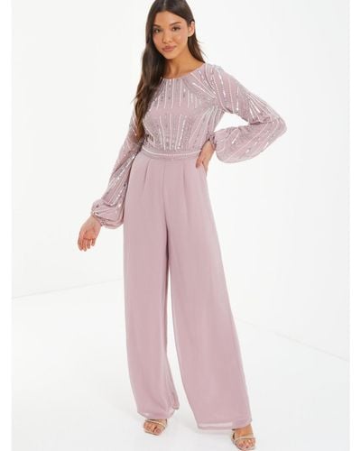 Quiz Embellished Short Sleeve Jumpsuit - Pink
