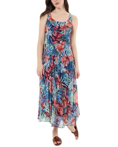 Jones New York Petite Floral-print Tiered-mesh Dress - Blue
