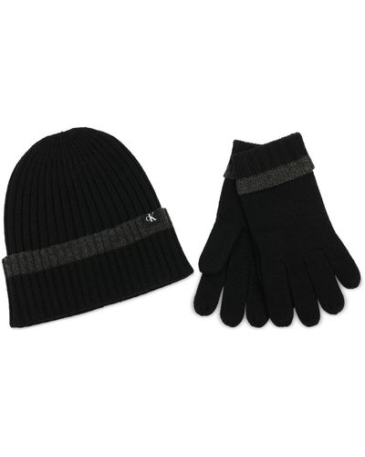 Calvin Klein Tipped Cuffed Beanie & Gloves Set - Black