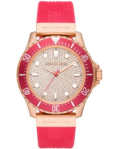 Michael Kors Oversized Slim Everest Pavé Rose-gold Tone And Embossed Silicone Watch - Pink