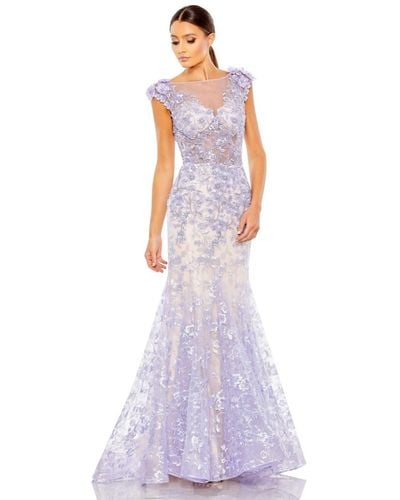 Mac Duggal Embellished Cap Sleeve Illusion Neck Trumpet Gown - White