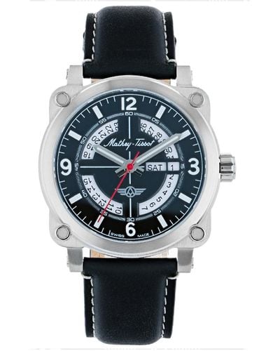 Mathey-Tissot Pilot Collection Three Hand Date Genuine Leather Strap Watch - Black