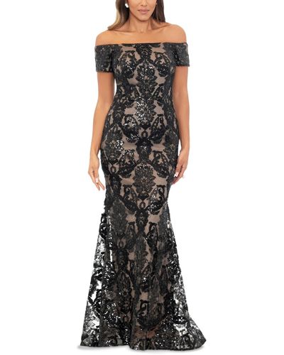 Xscape Sequined Mesh Off-the-shoulder Gown - Black