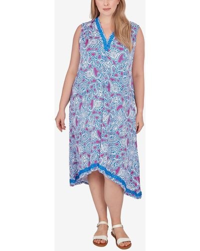 Ruby Rd. Plus Size Vines Puff Print Dress - Blue