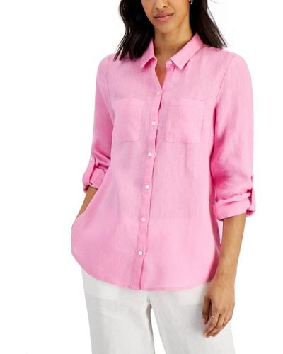 Charter Club Petite 100% Linen Button-front Shirt - Pink