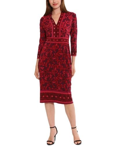 London Times Placed Print 3/4-sleeve Jersey Sheath Dress - Red