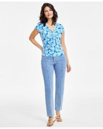 INC International Concepts Printed Lace Up Front Top High Rise Seamed Straight Leg Jeans Created For Macys - Blue