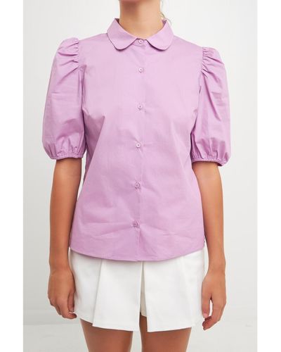 English Factory Button Closure Puff Sleeve Top - Purple