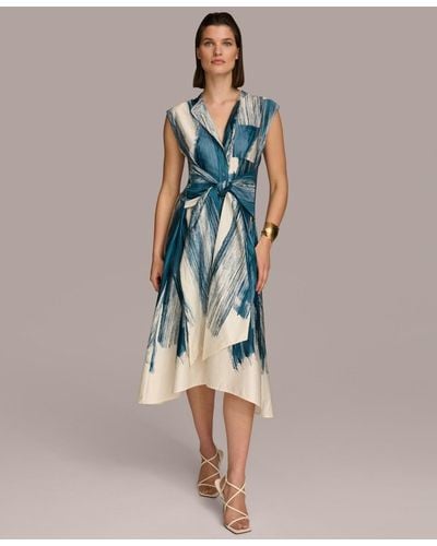 Donna Karan Printed Cotton Cap-sleeve Tie-waist Dress - Blue