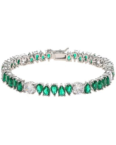 Rivka Friedman White Rhodium Clad Oval Emerald Crystal + Cubic Zirconia Line Bracelet - Green