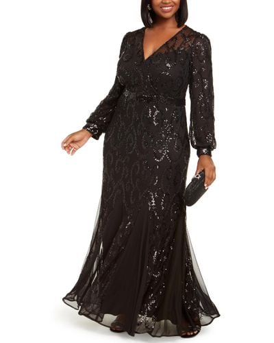 R & M Richards Plus Size Surplice Sequined Gown - Black