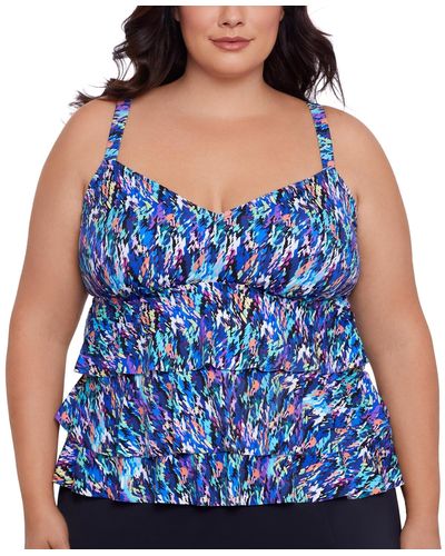 Swim Solutions Plus Size Printed Tiered Tankini Top - Blue