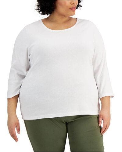 Karen Scott Plus Size 3/4 Sleeve Scoop-neck Top - White