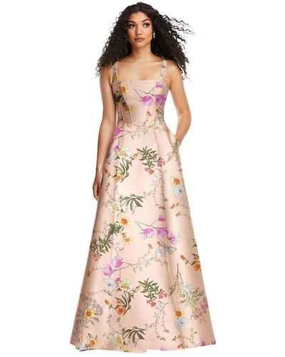 Alfred Sung Boned Corset Closed-back Floral Satin Gown - Pink