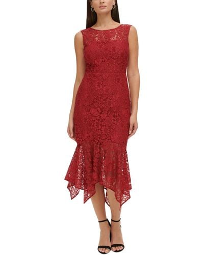 Kensie Floral Lace Handkerchief-hem Midi Dress - Red