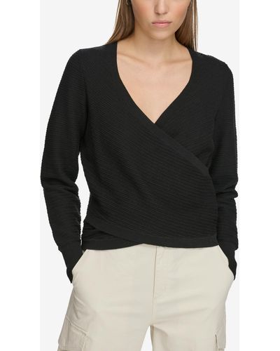 DKNY Ribbed Long-sleeve Wrap Sweater - Black