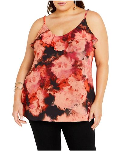 City Chic Plus Size Mischa Print Floral V Neck Ruffle Top - Red