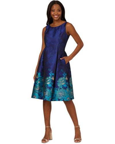 Adrianna Papell Boat-neck Fit & Flare Jacquard Dress - Blue