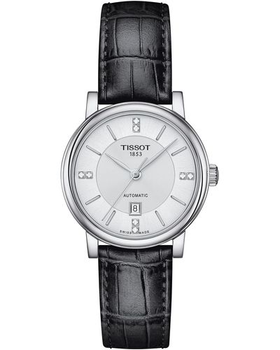 Tissot Swiss Automatic Carson Premium Lady Diamond Accent Black Leather Strap Watch 30mm - Gray