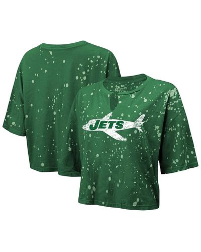 Majestic Threads Distressed New York Jets Bleach Splatter Notch Neck Crop T-shirt - Green