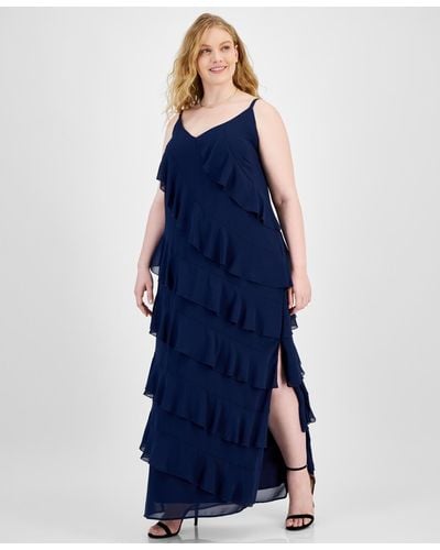 B Darlin Trendy Plus Size V-neck Sleeveless Ruffle-trim Gown - Blue