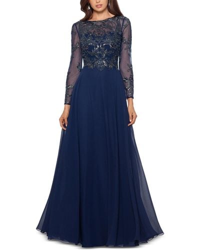 Xscape Petite Mesh-sleeve Embellished Gown - Blue