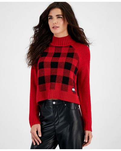 Tommy Hilfiger Plaid-front Mock-neck Sweater - Red