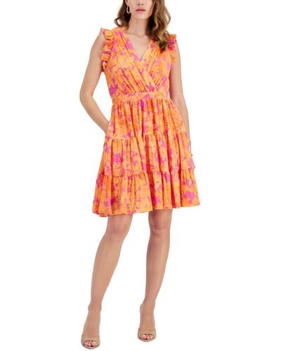 Taylor Petite Printed Chiffon Tiered A-line Dress - Orange