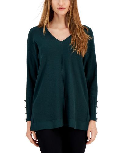 Anne Klein Seamed-front Button-cuff V-neck Sweater - Green