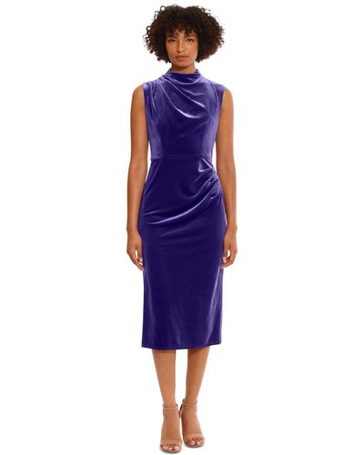 Donna Morgan Velvet Ruched Midi Dress - Blue