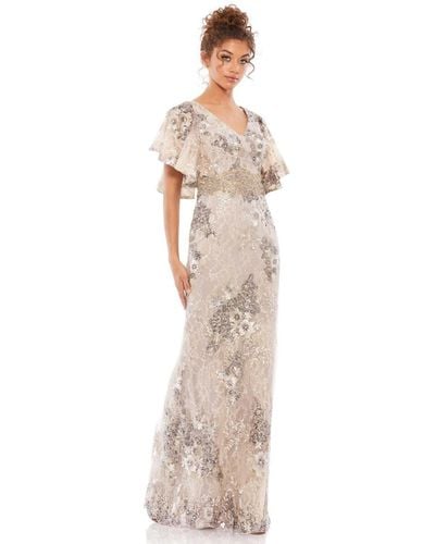 Mac Duggal Bell Sleeve Floral Embellished Gown - White