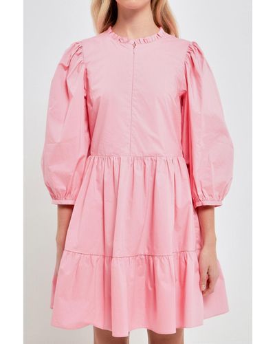 English Factory Front Zipped 3/4 Sleeve Mini Dress - Pink